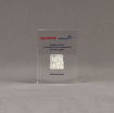 Front view of small Allure™ Floating Acrylic Encasement Award with Exxon Infineum pellet sample encased into clear acrylic showing full color imprint.