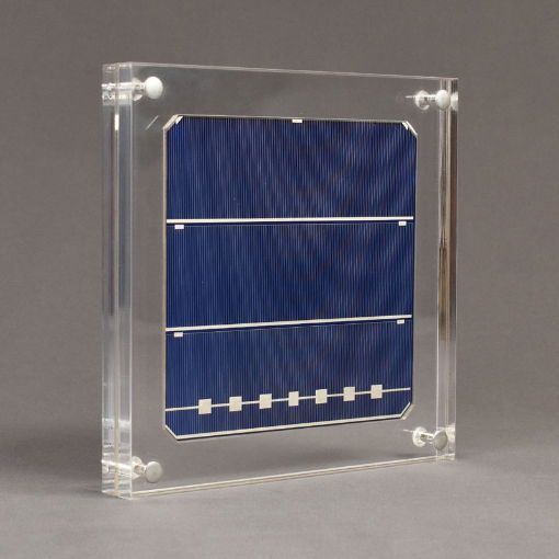 Angle view of xx-large Allure™ Acrylic Encasement Award with silicon wafer encased into clear acrylic showing front view of wafer.