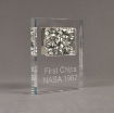 Angle view of large Allure™ Floating Acrylic Encasement Award with aluminum metal shavings encased into clear acrylic showing engraved text.