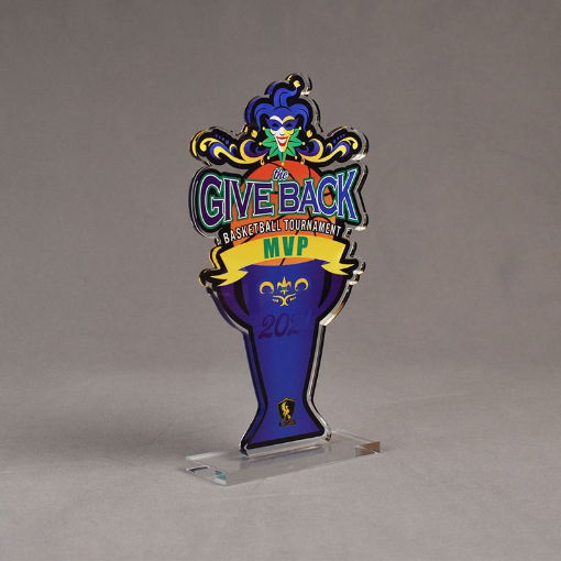 Angle view of 15 Square Inch Value Series LaserCut™ Acrylic Award with custom shape of basketball tournament event logo.