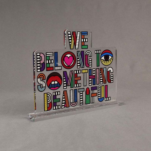 Angle view of 100 Square Inch Choice Series LaserCut™ Acrylic Award with custom shape of We Belong to Something Beautiful logo.