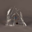 Front view of mini Lucite® mountain award with clean peak lines and subtle etched artwork for compact recognition