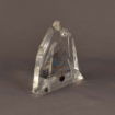 Side profile of mini Lucite® mountain award showing tapered edges and a minimalist mountain silhouette