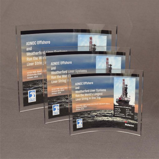 Set of three Curved Process Plaques with full-color offshore drilling artwork and company branding for ADNOC and Weatherford