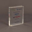 Angled view of large slim book-shaped Lucite® embedment featuring corporate branding, acquisition details, and a sleek rectangular form
