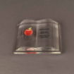 Top view of Open Book Shaped Lucite® Embedment with sculpted pages, red apple graphic, and engraved teacher recognition text