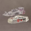 Lucite® embedments shaped as an Indy Car and Stock Car with detailed engraving and custom logos displayed on a neutral background.