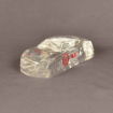 Clear Lucite® stock car embedment featuring precision-molded contours and a custom UL logo, ideal for racing-themed recognition.