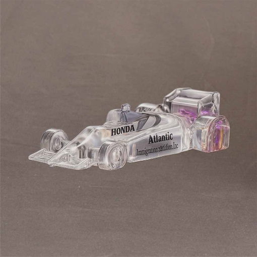 Sleek Lucite® Indy car award in large size, viewed from the left, customized with clear detail and corporate branding.
