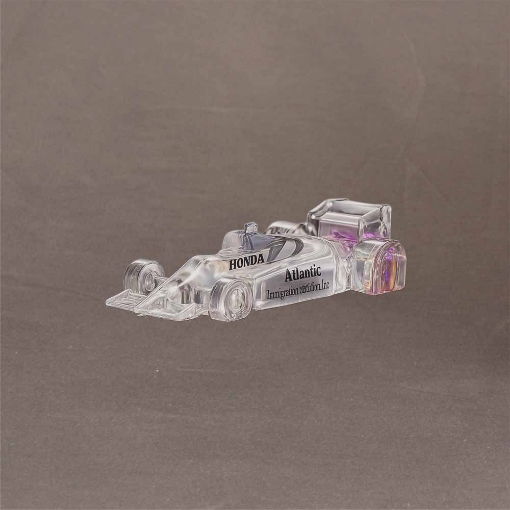 Small Lucite® Indy car award in clear acrylic with custom etching, perfect for racing-themed corporate or team recognition.