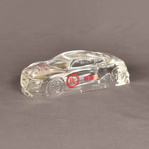 Sleek Lucite® stock car award shown from an angled view, capturing the detailed design and brilliant embedded logo display.