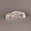 Clear acrylic stock car award in a small size, shown from a dynamic front-side angle with logo imprint.